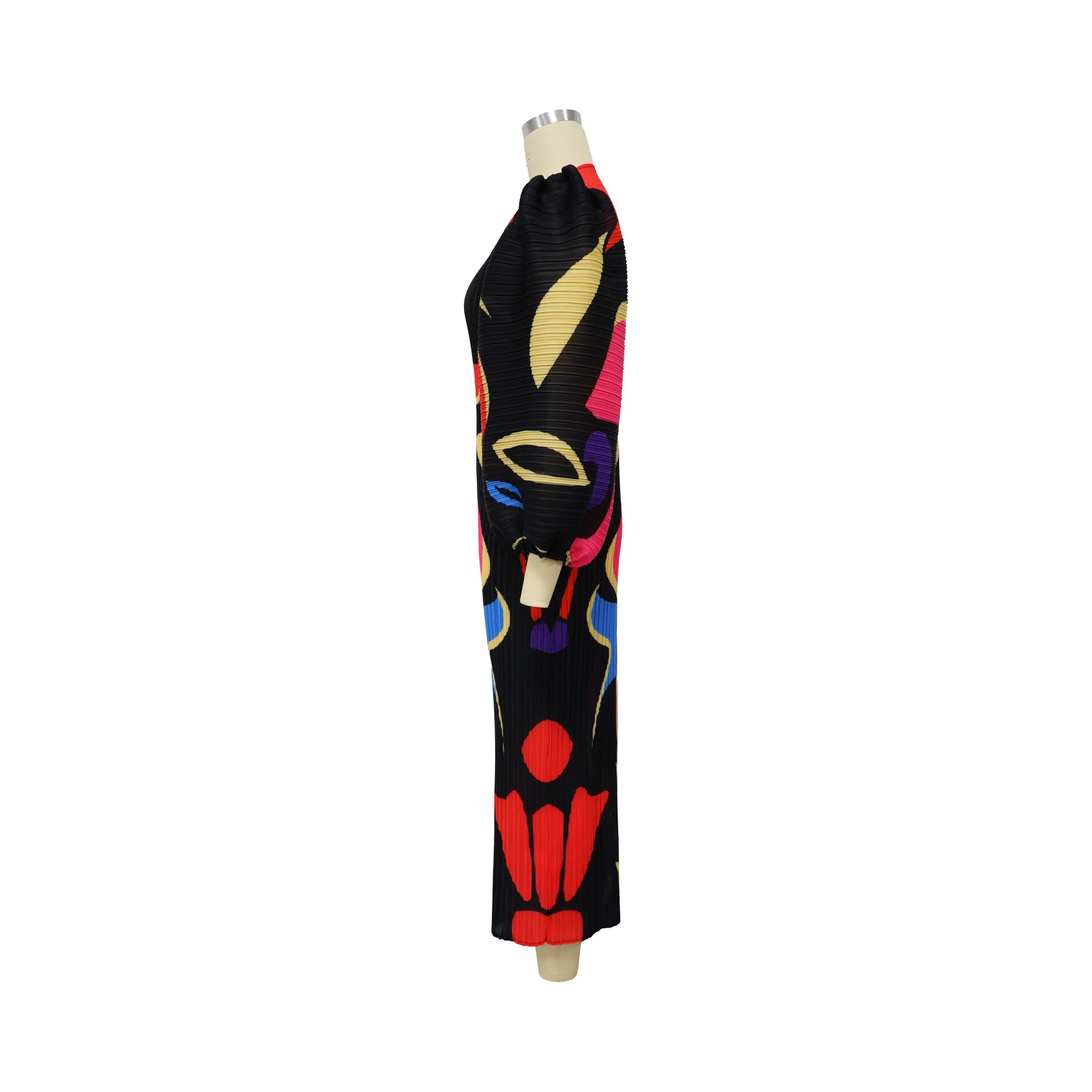 CM.YAYA Elegant Women Pleated Half Lantern Sleeve O-neck Slim Maxi Long Dress Print Fashion Autumn 2024 Ruched Dresses Vestidos