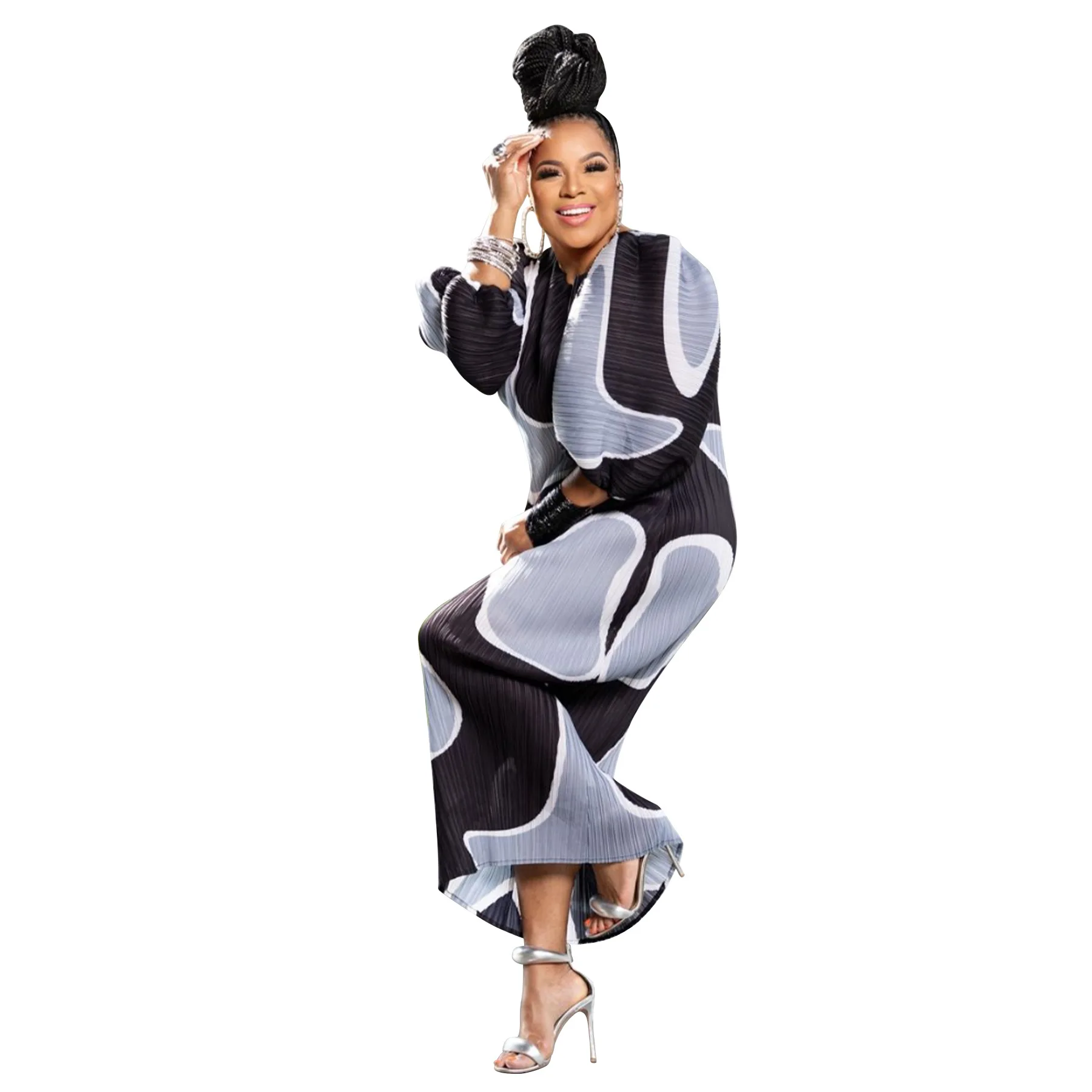 CM.YAYA Elegant Women Pleated Half Lantern Sleeve O-neck Slim Maxi Long Dress Print Fashion Autumn 2024 Ruched Dresses Vestidos