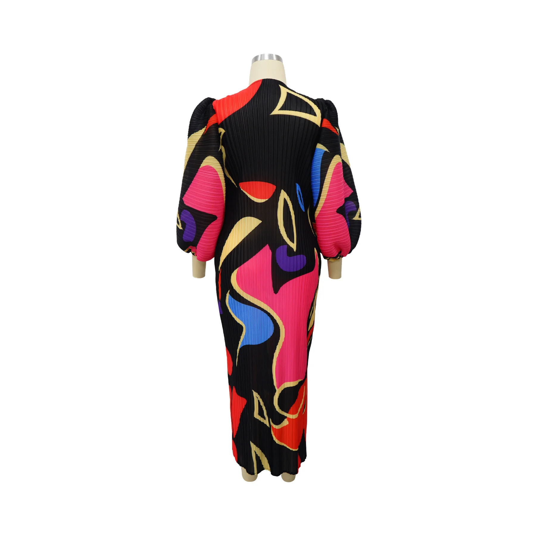 CM.YAYA Elegant Women Pleated Half Lantern Sleeve O-neck Slim Maxi Long Dress Print Fashion Autumn 2024 Ruched Dresses Vestidos