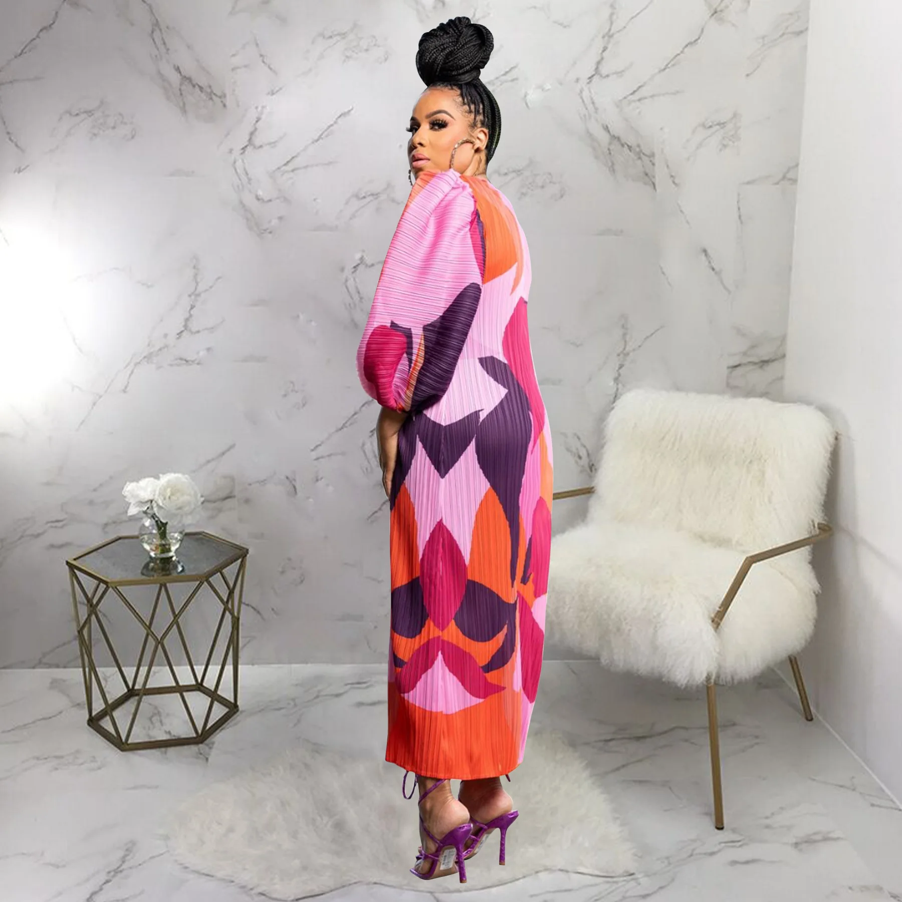 CM.YAYA Elegant Women Pleated Half Lantern Sleeve O-neck Slim Maxi Long Dress Print Fashion Autumn 2024 Ruched Dresses Vestidos
