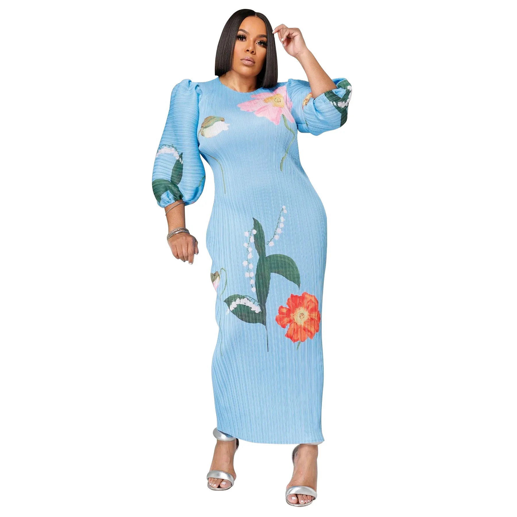 CM.YAYA Elegant Women Pleated Half Lantern Sleeve O-neck Slim Maxi Long Dress Print Fashion Autumn 2024 Ruched Dresses Vestidos