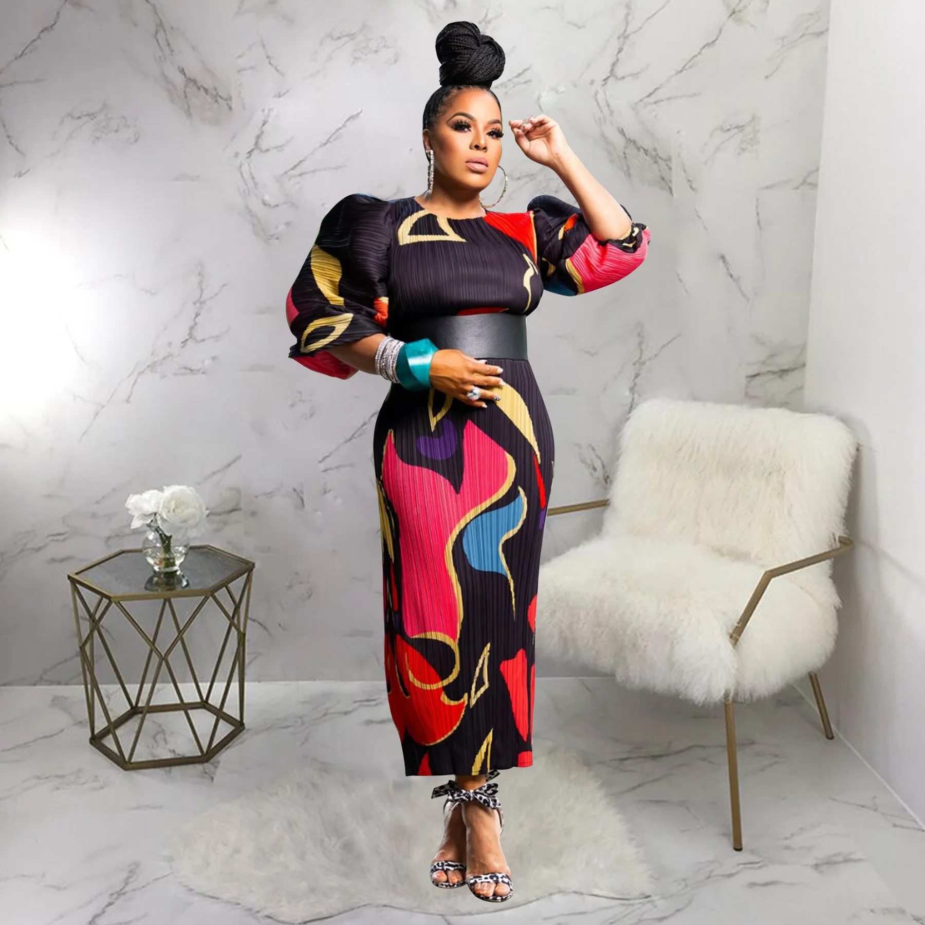 CM.YAYA Elegant Women Pleated Half Lantern Sleeve O-neck Slim Maxi Long Dress Print Fashion Autumn 2024 Ruched Dresses Vestidos