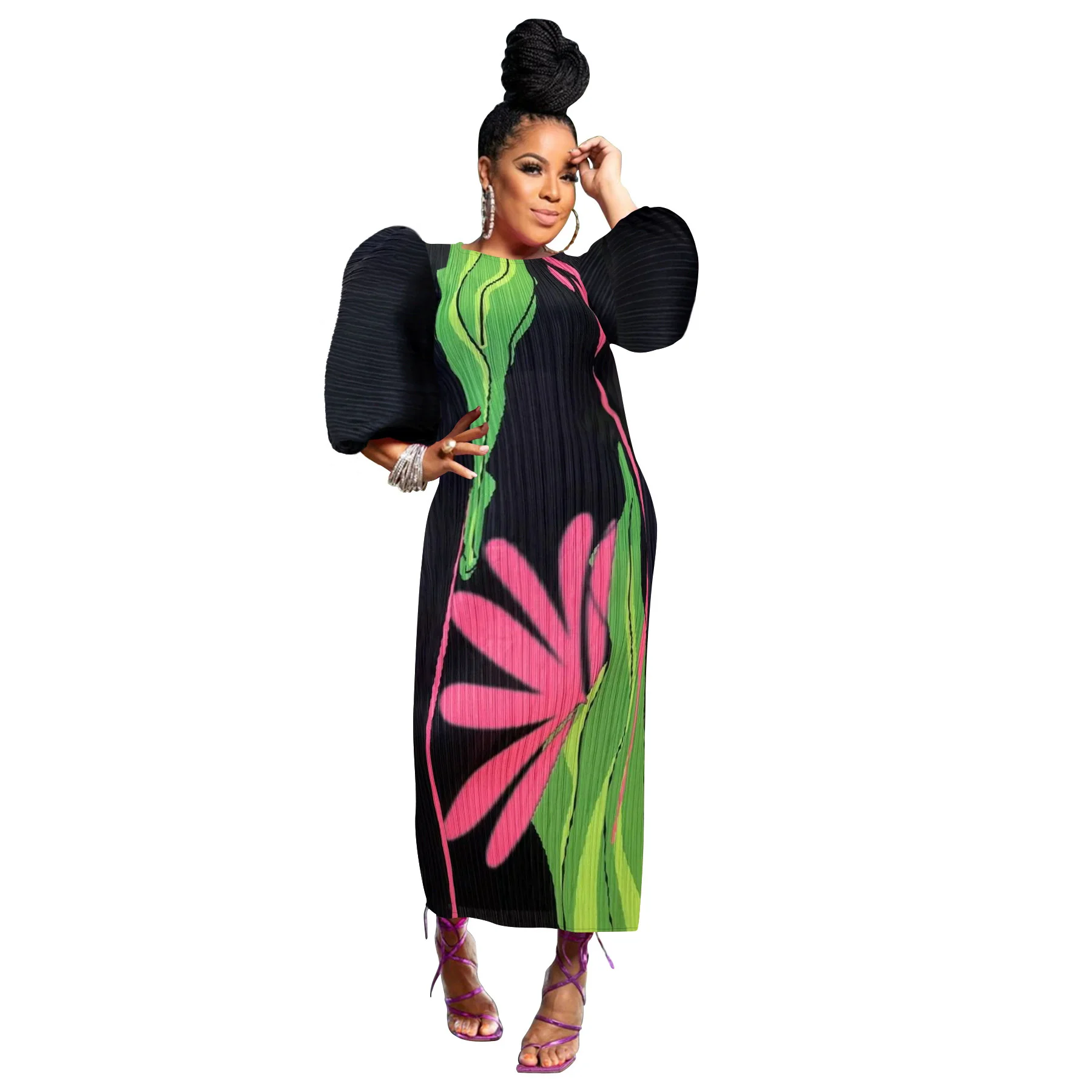 CM.YAYA Elegant Women Pleated Half Lantern Sleeve O-neck Slim Maxi Long Dress Print Fashion Autumn 2024 Ruched Dresses Vestidos
