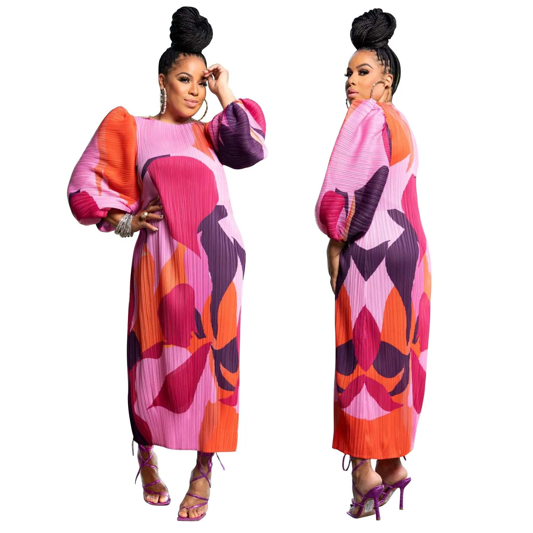 CM.YAYA Elegant Women Pleated Half Lantern Sleeve O-neck Slim Maxi Long Dress Print Fashion Autumn 2024 Ruched Dresses Vestidos
