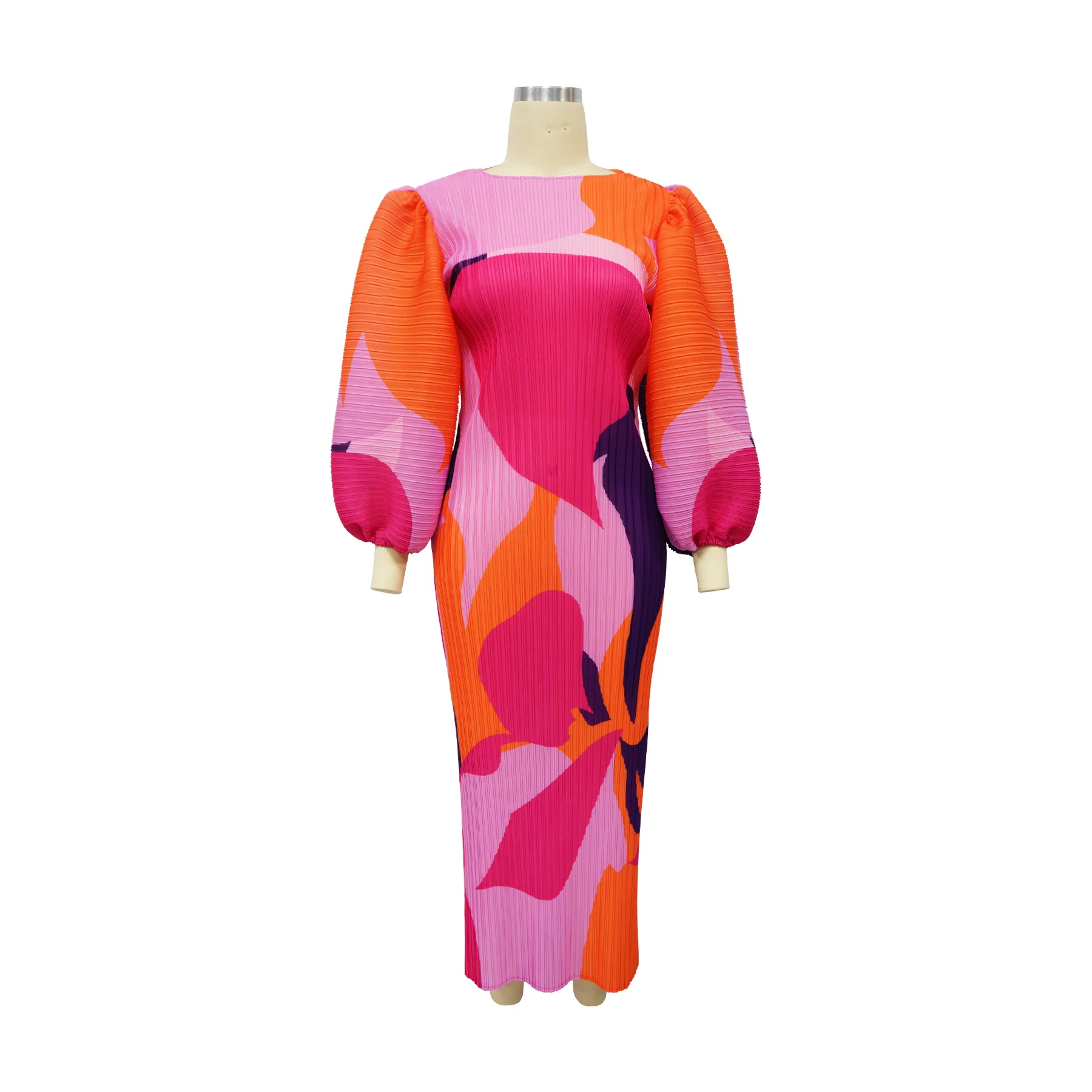 CM.YAYA Elegant Women Pleated Half Lantern Sleeve O-neck Slim Maxi Long Dress Print Fashion Autumn 2024 Ruched Dresses Vestidos