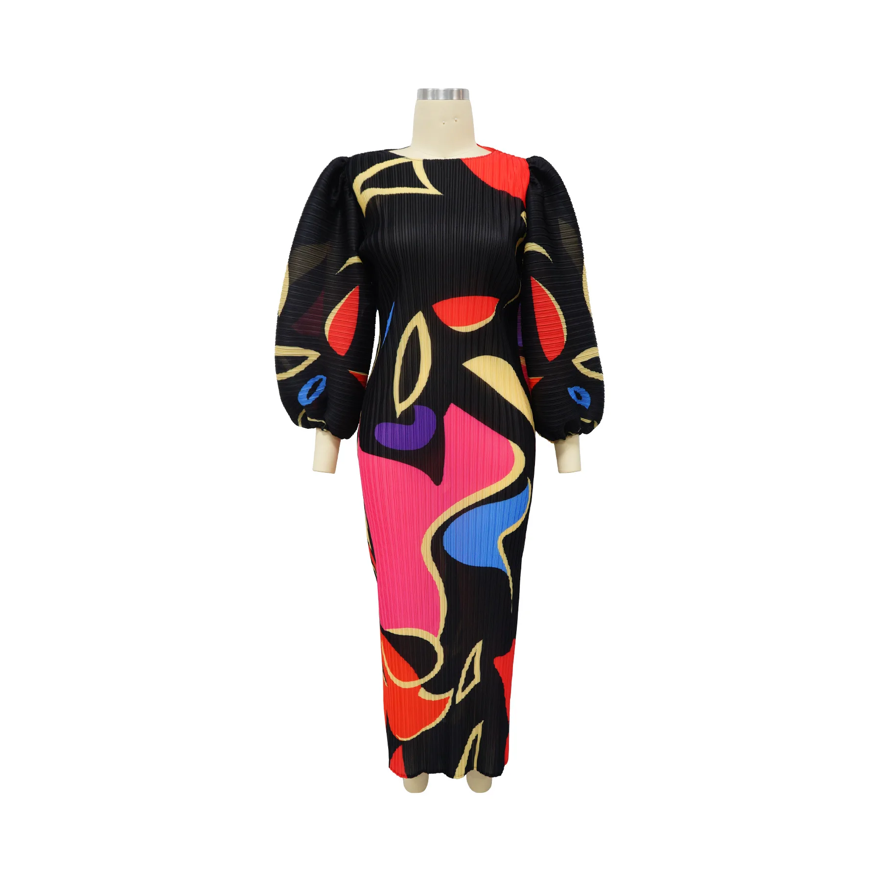 CM.YAYA Elegant Women Pleated Half Lantern Sleeve O-neck Slim Maxi Long Dress Print Fashion Autumn 2024 Ruched Dresses Vestidos
