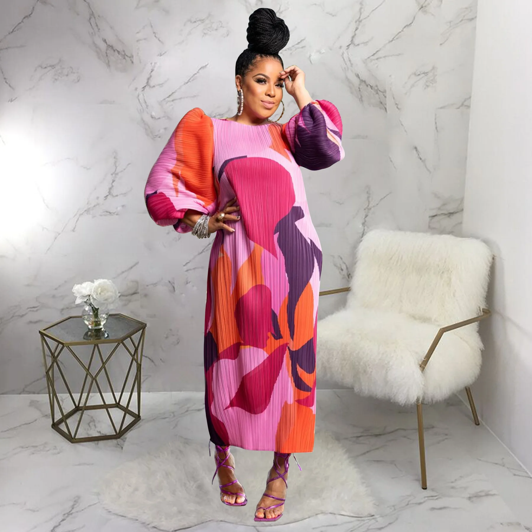 CM.YAYA Elegant Women Pleated Half Lantern Sleeve O-neck Slim Maxi Long Dress Print Fashion Autumn 2024 Ruched Dresses Vestidos