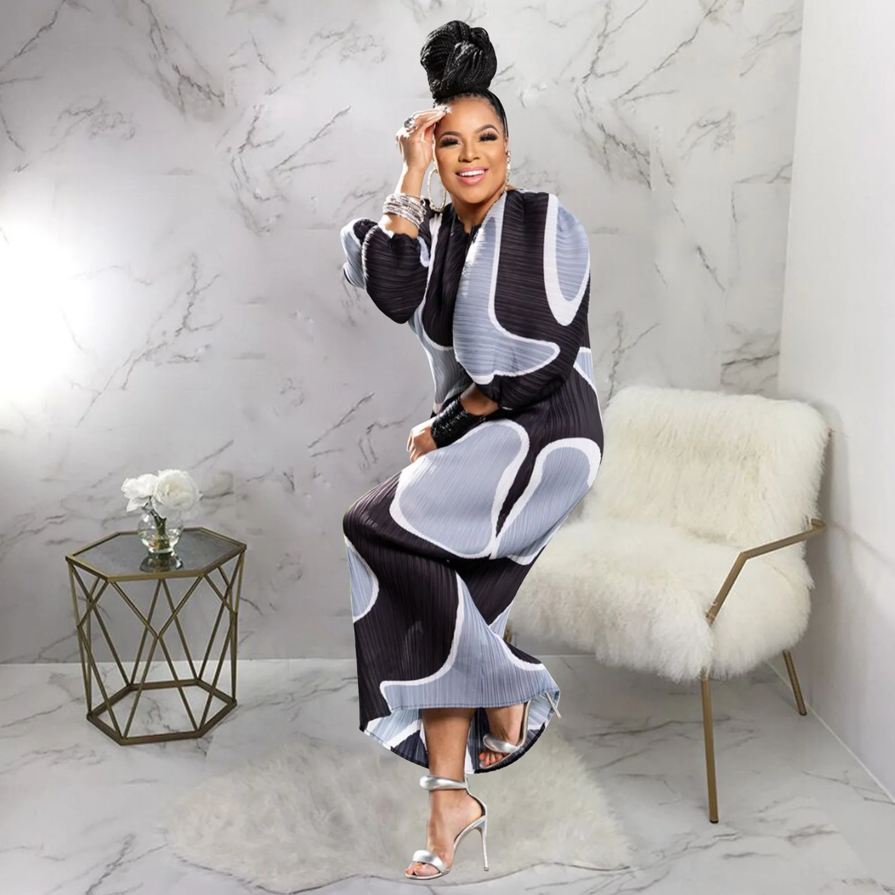 CM.YAYA Elegant Women Pleated Half Lantern Sleeve O-neck Slim Maxi Long Dress Print Fashion Autumn 2024 Ruched Dresses Vestidos