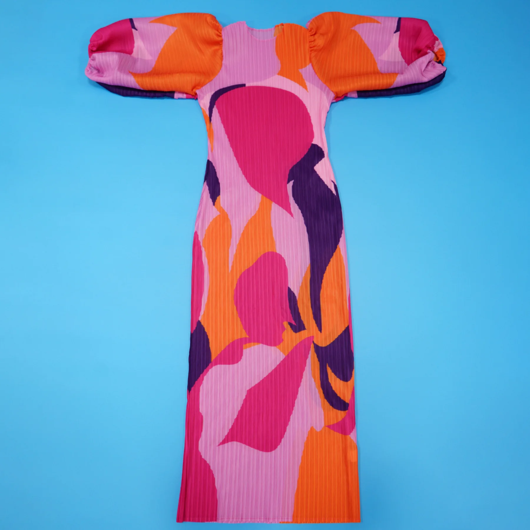 CM.YAYA Elegant Women Pleated Half Lantern Sleeve O-neck Slim Maxi Long Dress Print Fashion Autumn 2024 Ruched Dresses Vestidos