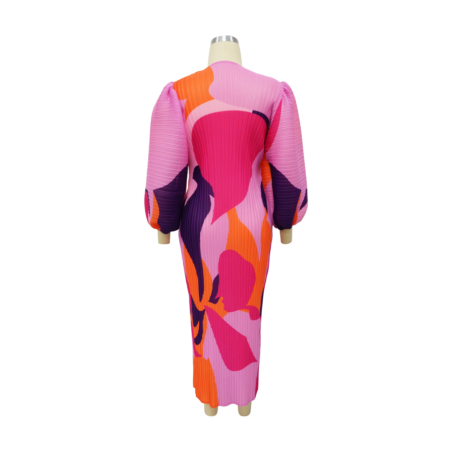 CM.YAYA Elegant Women Pleated Half Lantern Sleeve O-neck Slim Maxi Long Dress Print Fashion Autumn 2024 Ruched Dresses Vestidos