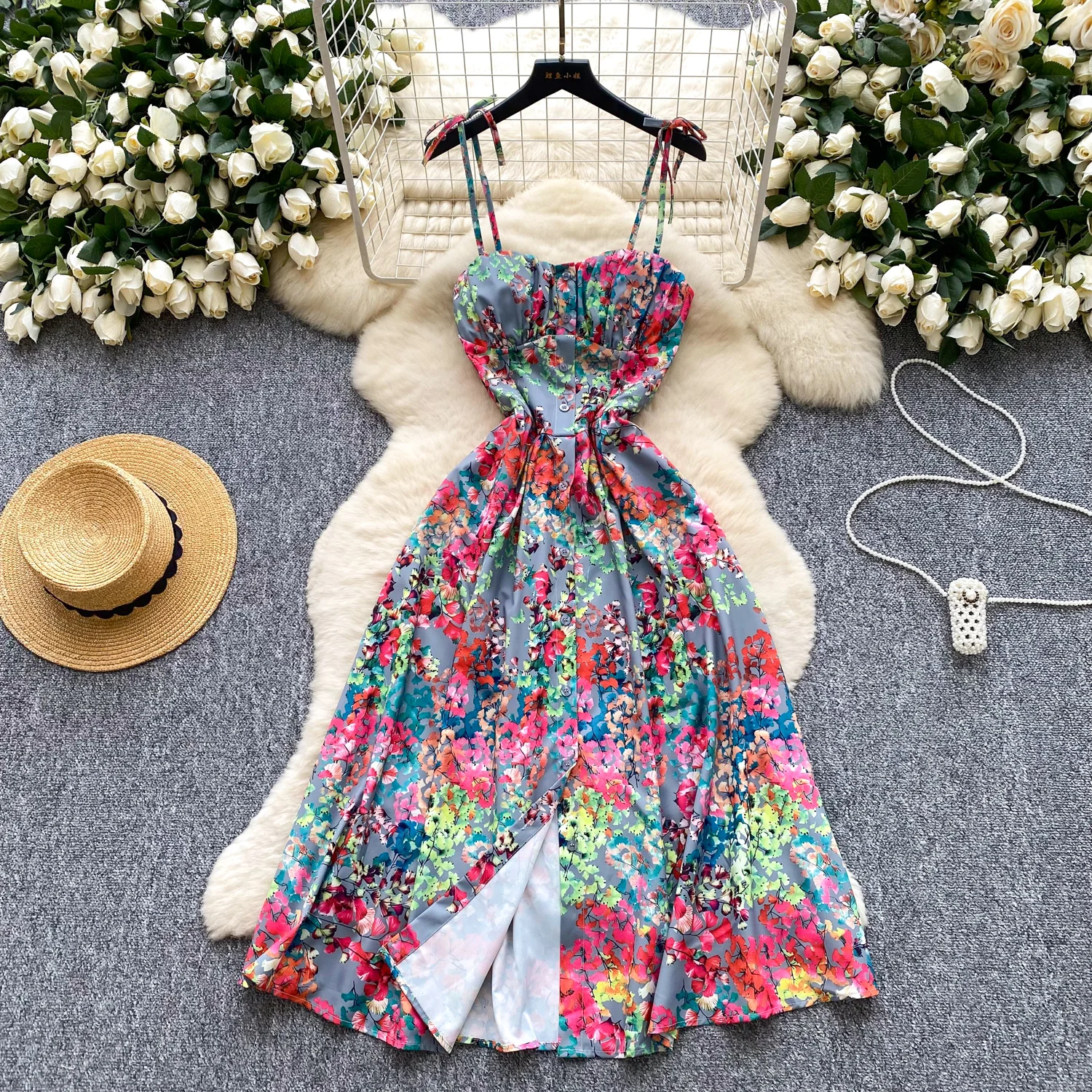 SINGREINY Lemon Print Beach Midi Dress Summer Women Spaghetti Strap A line Backless Split Korean Bohemian Floral Sundress