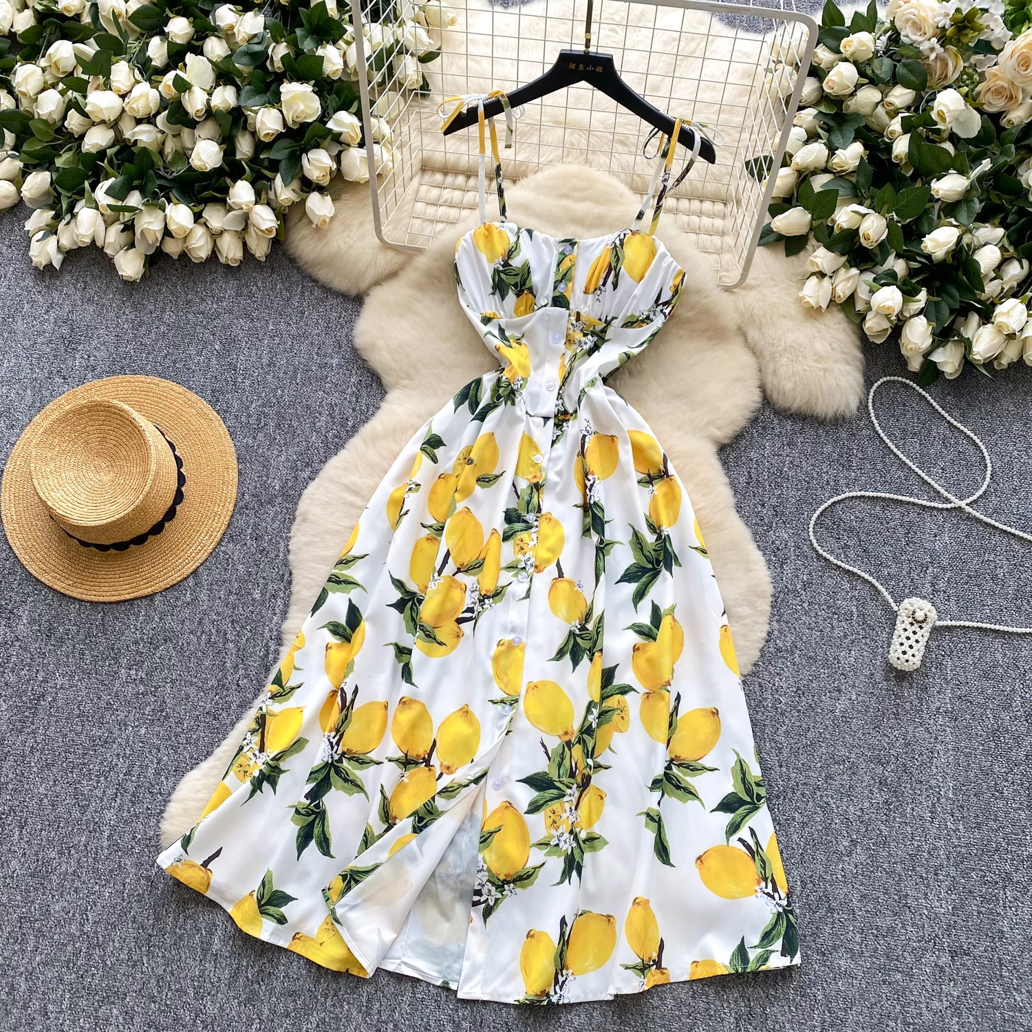 SINGREINY Lemon Print Beach Midi Dress Summer Women Spaghetti Strap A line Backless Split Korean Bohemian Floral Sundress