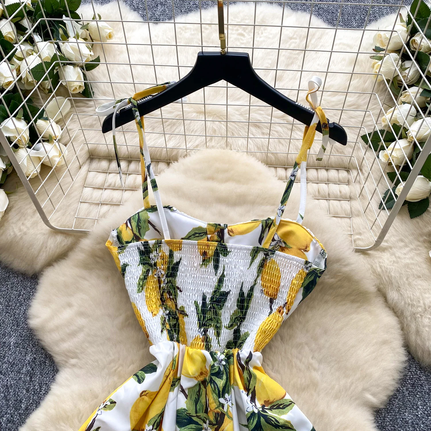 SINGREINY Lemon Print Beach Midi Dress Summer Women Spaghetti Strap A line Backless Split Korean Bohemian Floral Sundress