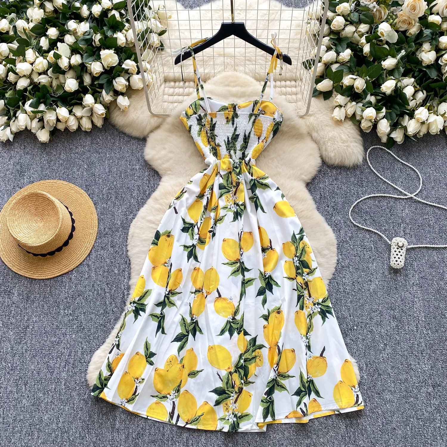 SINGREINY Lemon Print Beach Midi Dress Summer Women Spaghetti Strap A line Backless Split Korean Bohemian Floral Sundress