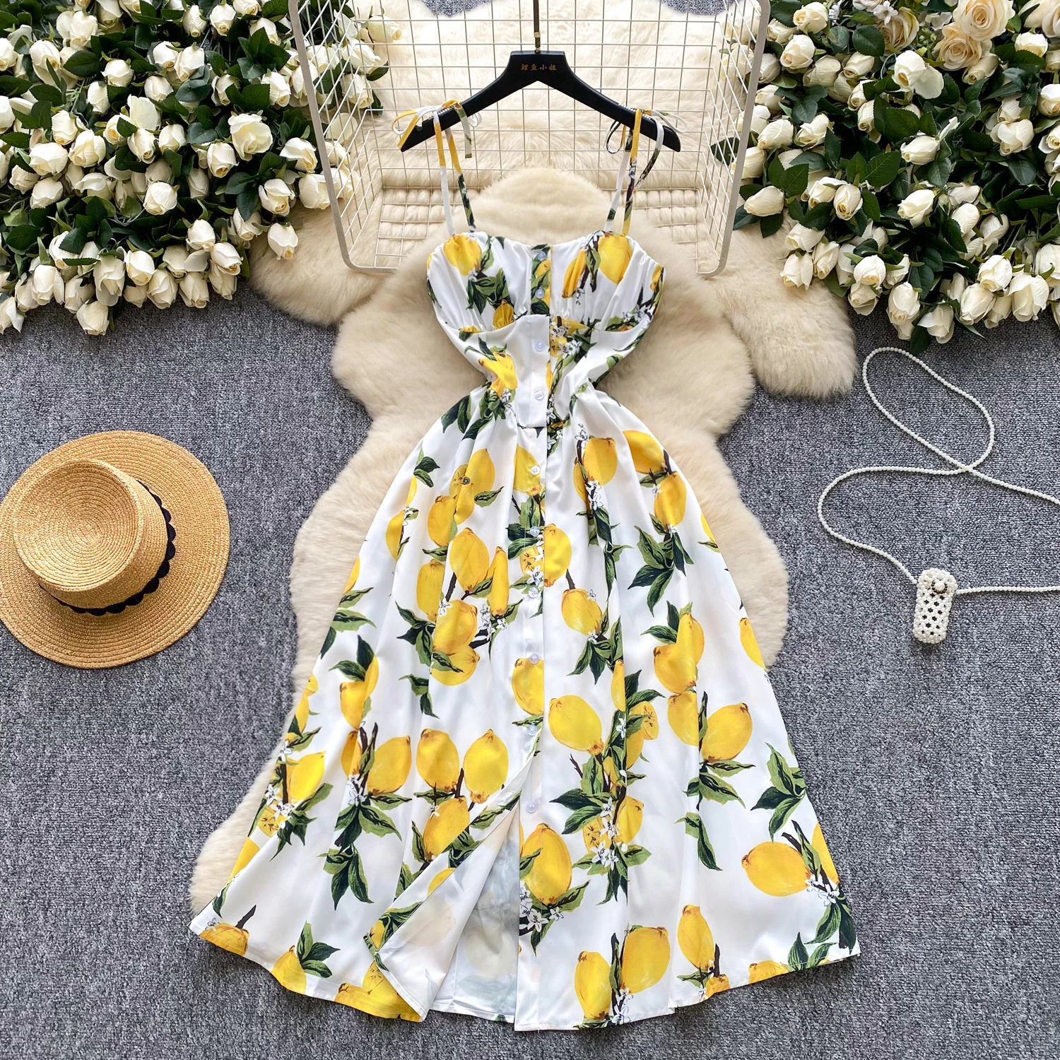 SINGREINY Lemon Print Beach Midi Dress Summer Women Spaghetti Strap A line Backless Split Korean Bohemian Floral Sundress