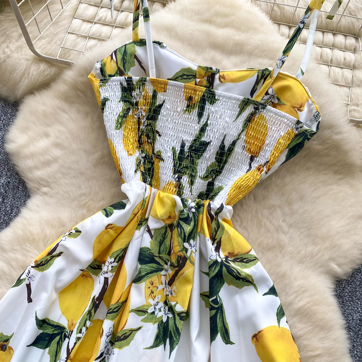 SINGREINY Lemon Print Beach Midi Dress Summer Women Spaghetti Strap A line Backless Split Korean Bohemian Floral Sundress