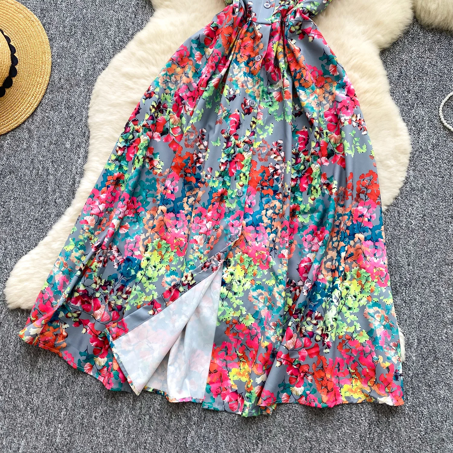 SINGREINY Lemon Print Beach Midi Dress Summer Women Spaghetti Strap A line Backless Split Korean Bohemian Floral Sundress