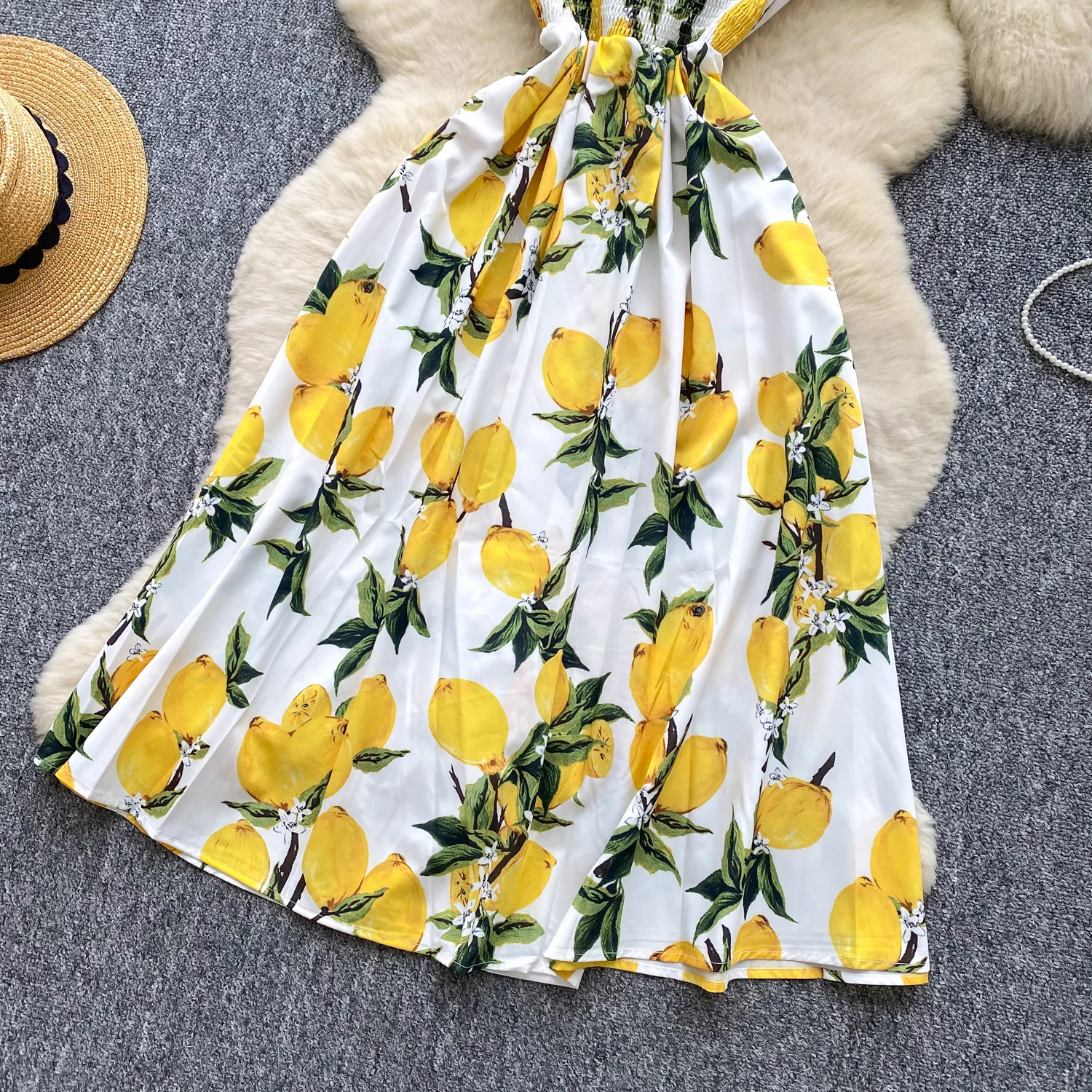 SINGREINY Lemon Print Beach Midi Dress Summer Women Spaghetti Strap A line Backless Split Korean Bohemian Floral Sundress