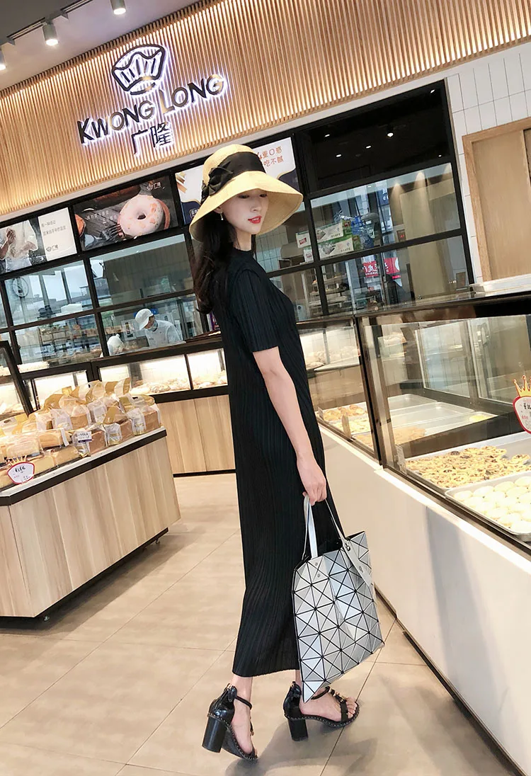 TIANPEI Miyake Pleated Women Dress Summer Elegant Casual Korean Basic Turtleneck Short Sleeve Long Dress Aesthetic Clothes