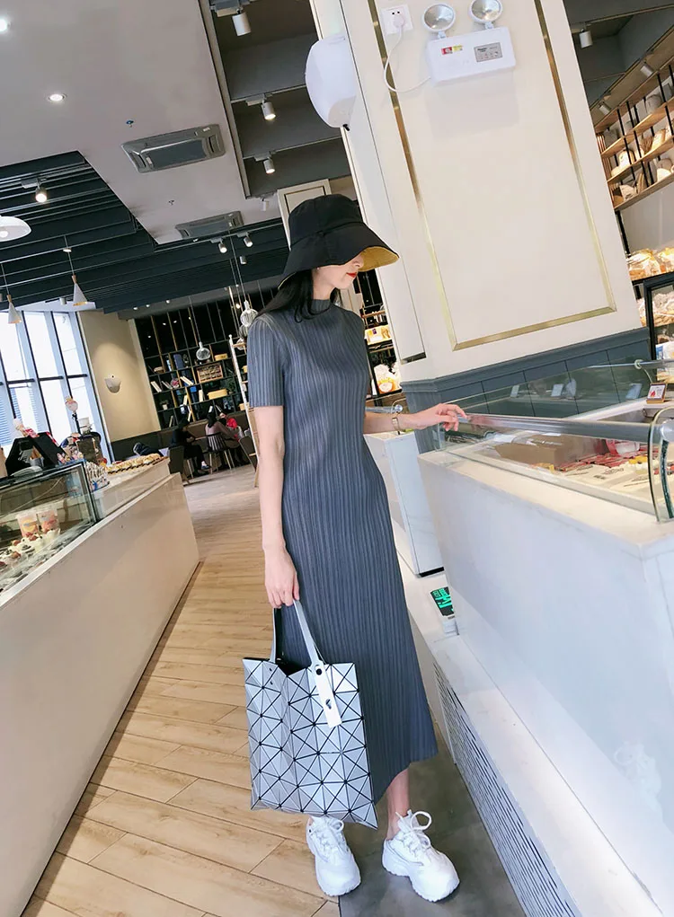 TIANPEI Miyake Pleated Women Dress Summer Elegant Casual Korean Basic Turtleneck Short Sleeve Long Dress Aesthetic Clothes