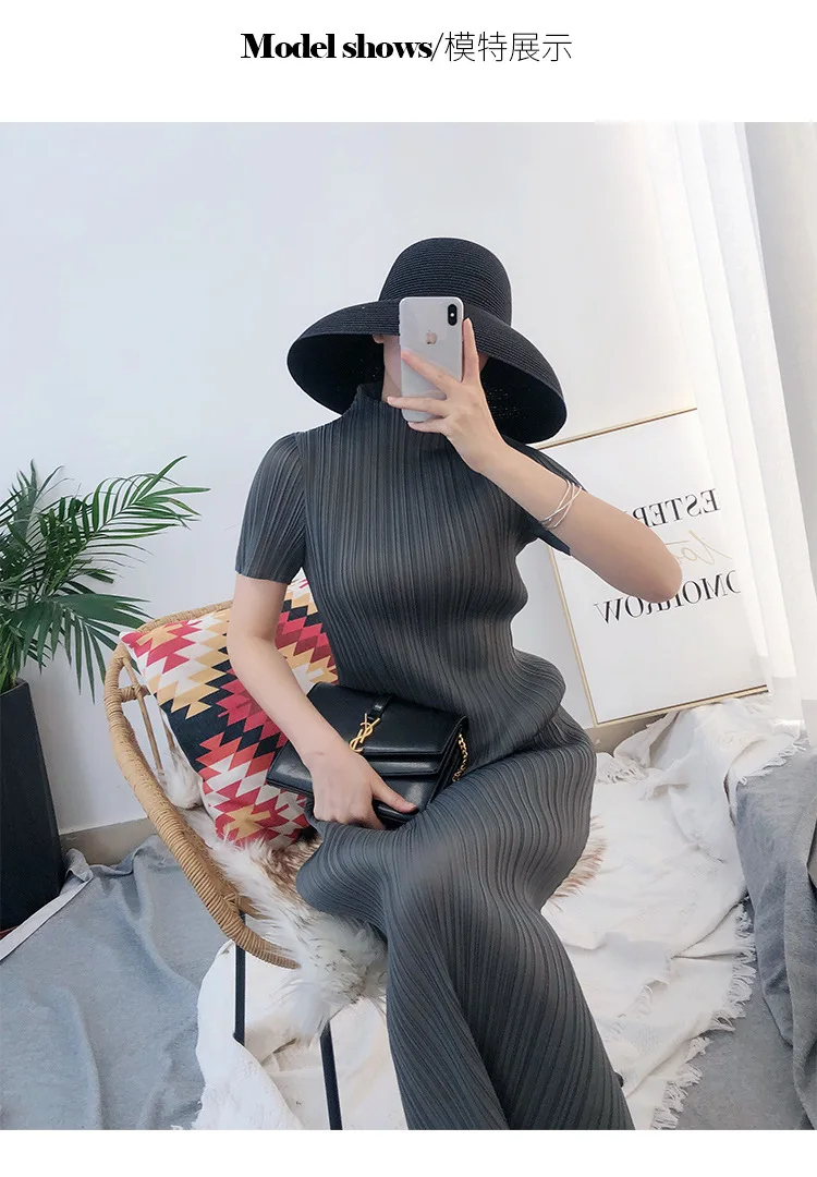 TIANPEI Miyake Pleated Women Dress Summer Elegant Casual Korean Basic Turtleneck Short Sleeve Long Dress Aesthetic Clothes