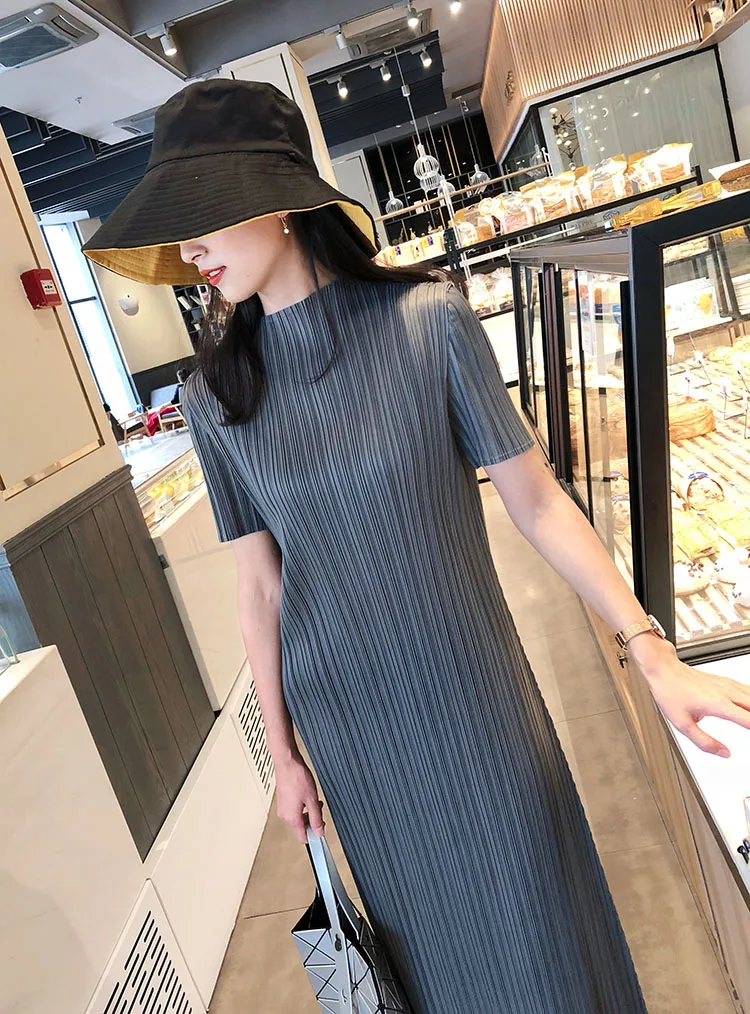 TIANPEI Miyake Pleated Women Dress Summer Elegant Casual Korean Basic Turtleneck Short Sleeve Long Dress Aesthetic Clothes