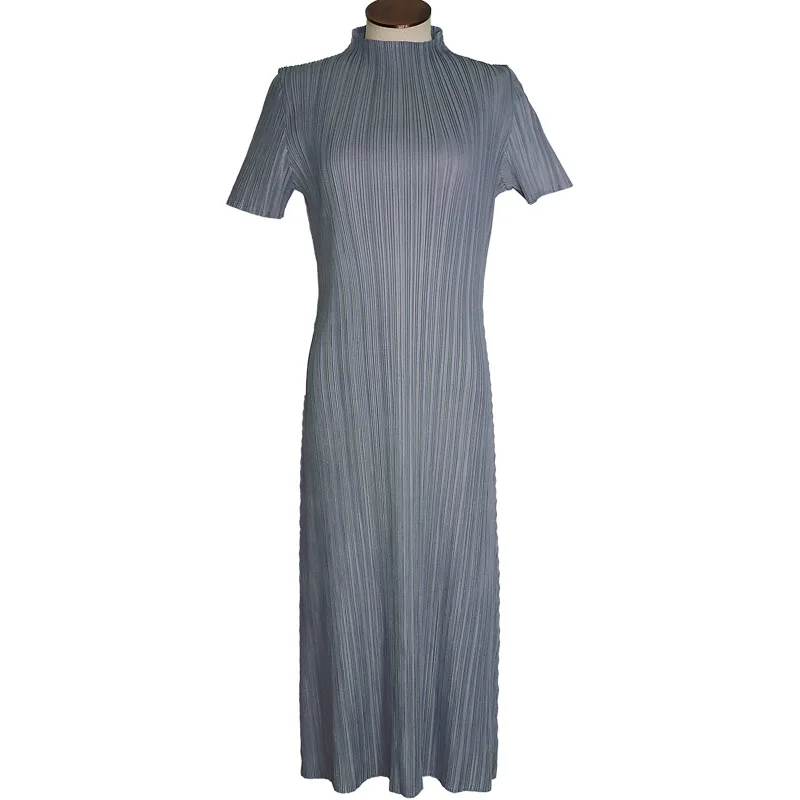 TIANPEI Miyake Pleated Women Dress Summer Elegant Casual Korean Basic Turtleneck Short Sleeve Long Dress Aesthetic Clothes