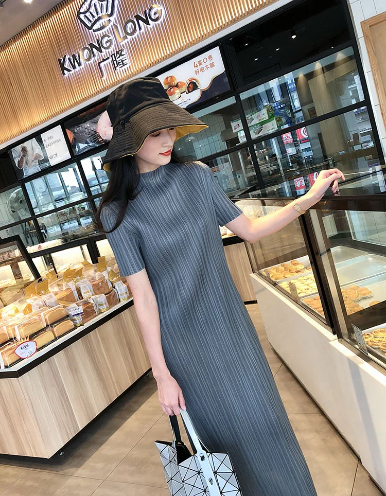 TIANPEI Miyake Pleated Women Dress Summer Elegant Casual Korean Basic Turtleneck Short Sleeve Long Dress Aesthetic Clothes