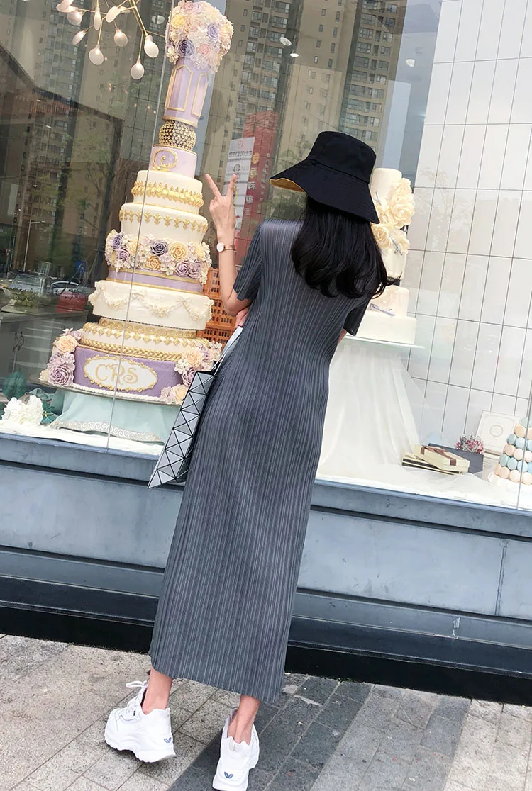 TIANPEI Miyake Pleated Women Dress Summer Elegant Casual Korean Basic Turtleneck Short Sleeve Long Dress Aesthetic Clothes