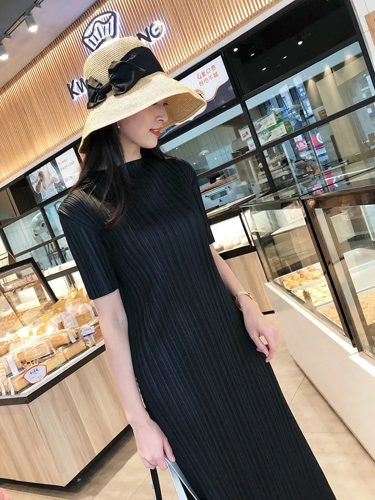 TIANPEI Miyake Pleated Women Dress Summer Elegant Casual Korean Basic Turtleneck Short Sleeve Long Dress Aesthetic Clothes
