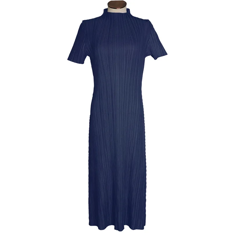 TIANPEI Miyake Pleated Women Dress Summer Elegant Casual Korean Basic Turtleneck Short Sleeve Long Dress Aesthetic Clothes