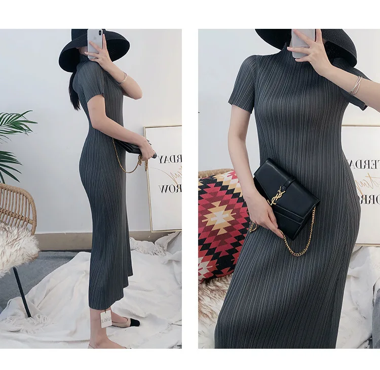 TIANPEI Miyake Pleated Women Dress Summer Elegant Casual Korean Basic Turtleneck Short Sleeve Long Dress Aesthetic Clothes