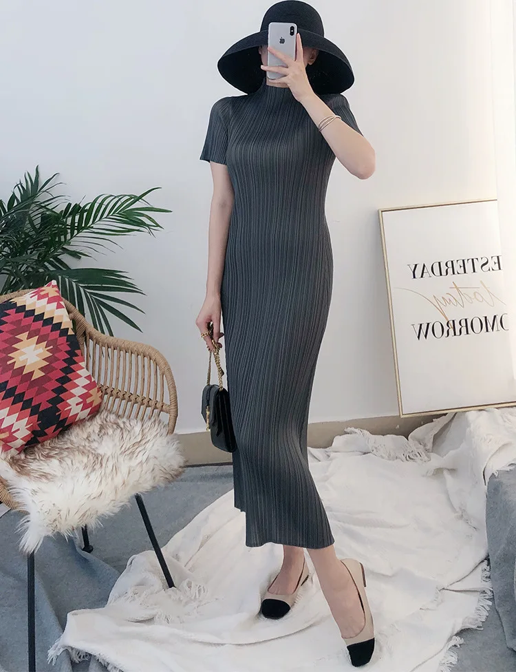 TIANPEI Miyake Pleated Women Dress Summer Elegant Casual Korean Basic Turtleneck Short Sleeve Long Dress Aesthetic Clothes