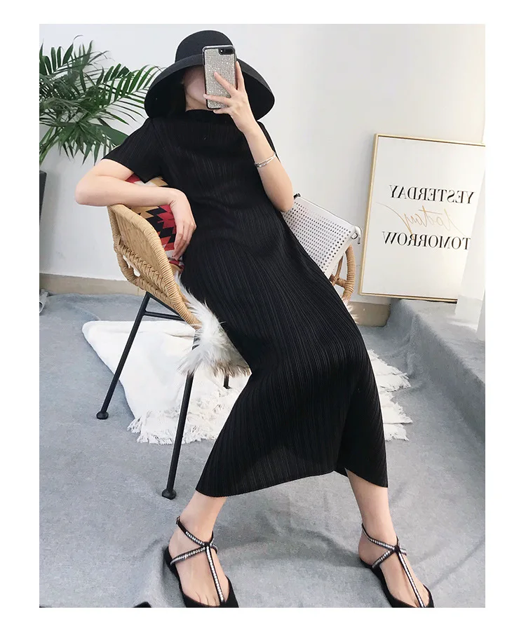 TIANPEI Miyake Pleated Women Dress Summer Elegant Casual Korean Basic Turtleneck Short Sleeve Long Dress Aesthetic Clothes