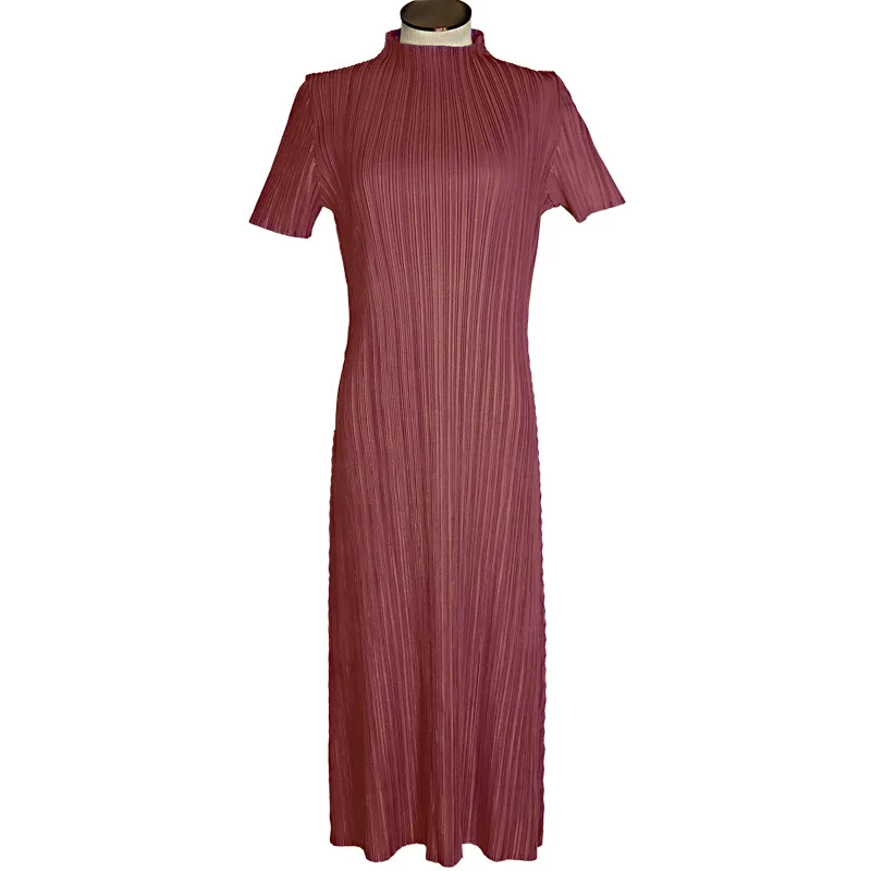 TIANPEI Miyake Pleated Women Dress Summer Elegant Casual Korean Basic Turtleneck Short Sleeve Long Dress Aesthetic Clothes