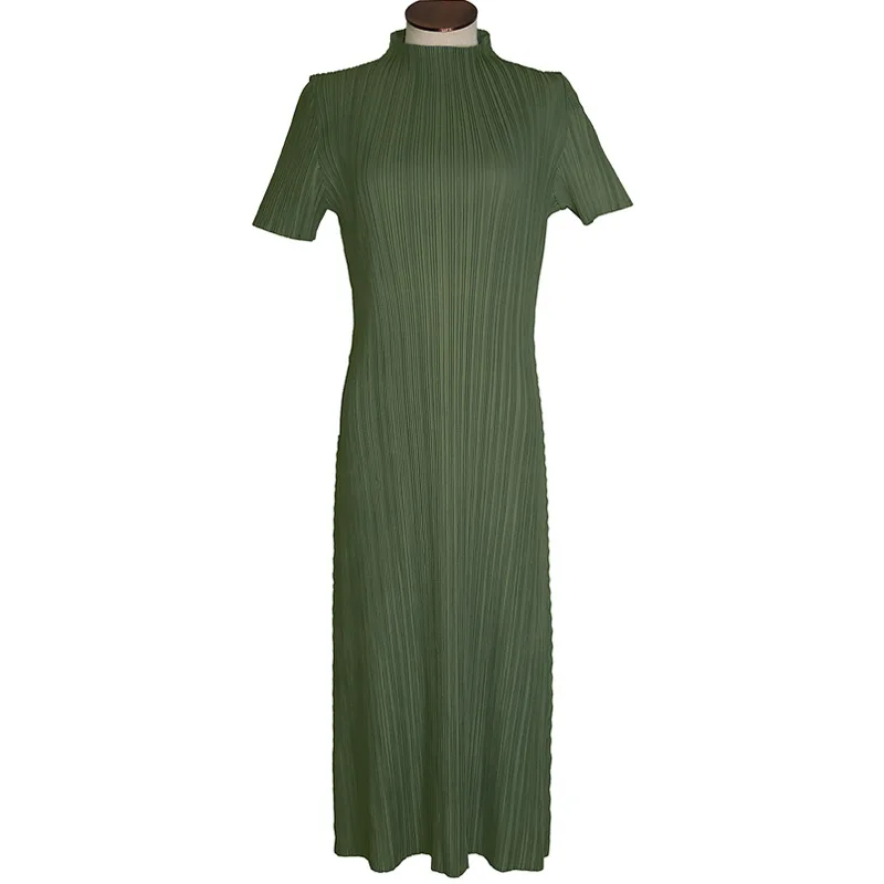 TIANPEI Miyake Pleated Women Dress Summer Elegant Casual Korean Basic Turtleneck Short Sleeve Long Dress Aesthetic Clothes