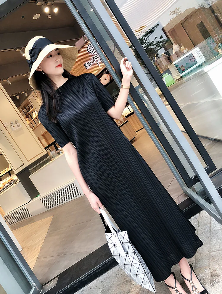 TIANPEI Miyake Pleated Women Dress Summer Elegant Casual Korean Basic Turtleneck Short Sleeve Long Dress Aesthetic Clothes