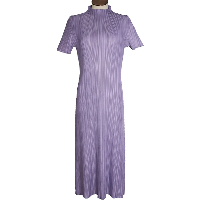 TIANPEI Miyake Pleated Women Dress Summer Elegant Casual Korean Basic Turtleneck Short Sleeve Long Dress Aesthetic Clothes