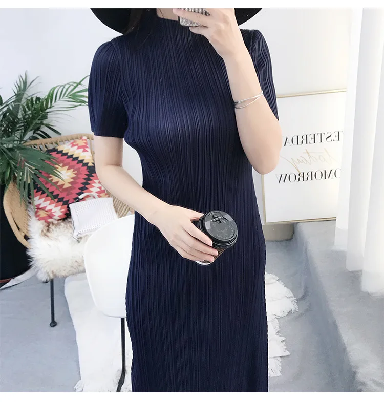 TIANPEI Miyake Pleated Women Dress Summer Elegant Casual Korean Basic Turtleneck Short Sleeve Long Dress Aesthetic Clothes