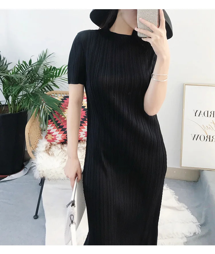 TIANPEI Miyake Pleated Women Dress Summer Elegant Casual Korean Basic Turtleneck Short Sleeve Long Dress Aesthetic Clothes