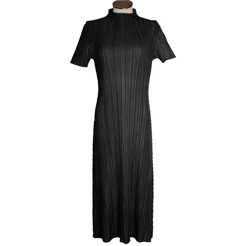 TIANPEI Miyake Pleated Women Dress Summer Elegant Casual Korean Basic Turtleneck Short Sleeve Long Dress Aesthetic Clothes