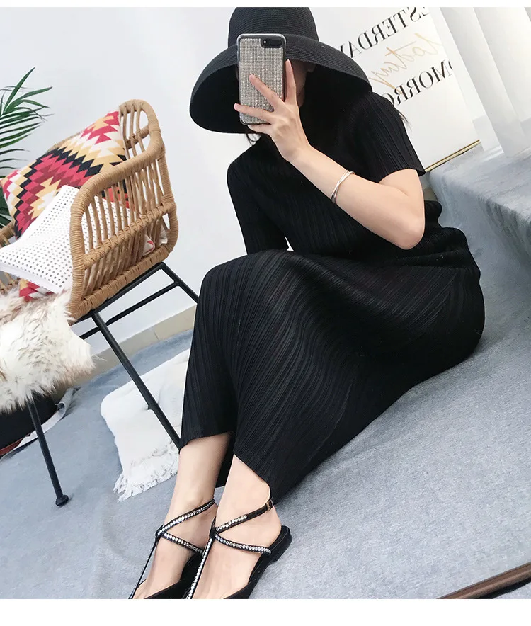 TIANPEI Miyake Pleated Women Dress Summer Elegant Casual Korean Basic Turtleneck Short Sleeve Long Dress Aesthetic Clothes