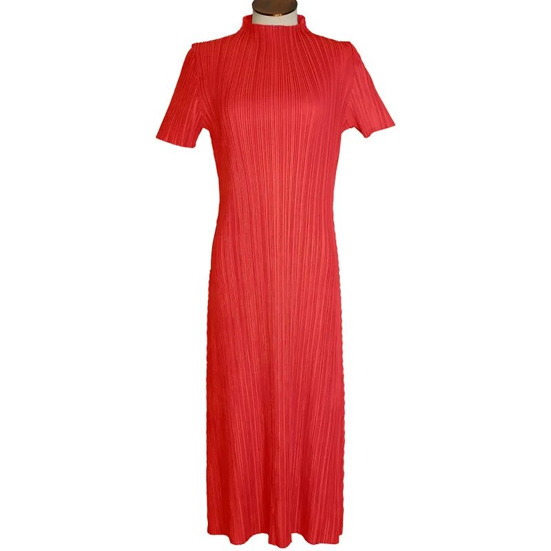 TIANPEI Miyake Pleated Women Dress Summer Elegant Casual Korean Basic Turtleneck Short Sleeve Long Dress Aesthetic Clothes