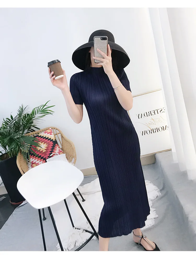 TIANPEI Miyake Pleated Women Dress Summer Elegant Casual Korean Basic Turtleneck Short Sleeve Long Dress Aesthetic Clothes