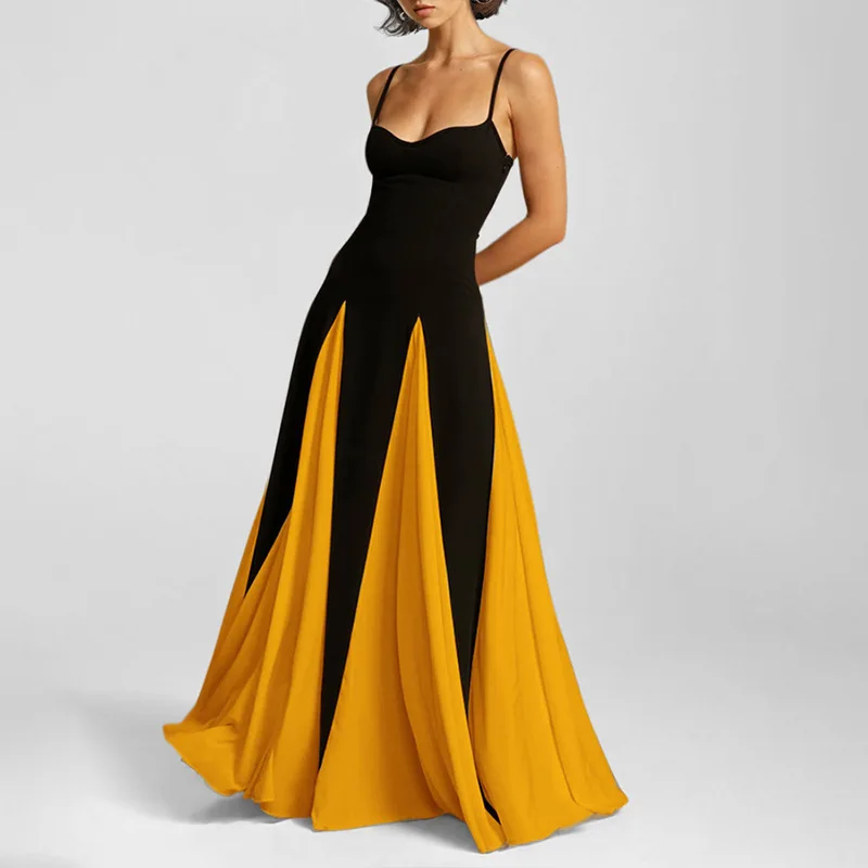 Fashion Contrast Color Pleated Hem Long Dress Elegant Sleeveless Backless High Waist Dresses 2025 New Lady Vocation