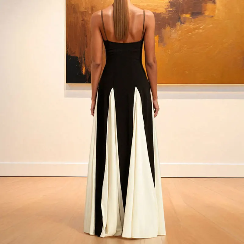 Fashion Contrast Color Pleated Hem Long Dress Elegant Sleeveless Backless High Waist Dresses 2025 New Lady Vocation