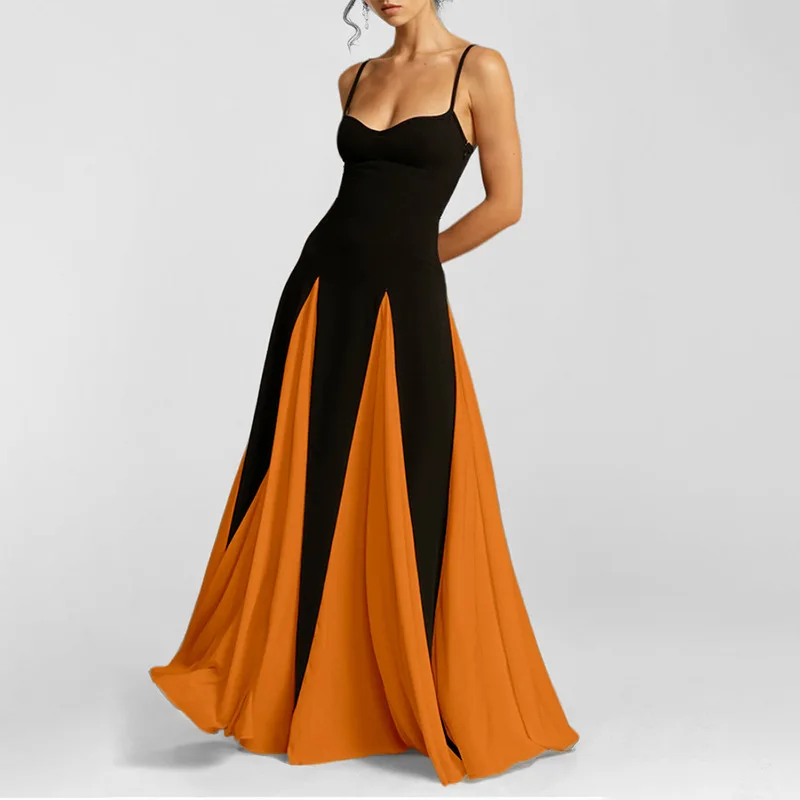 Fashion Contrast Color Pleated Hem Long Dress Elegant Sleeveless Backless High Waist Dresses 2025 New Lady Vocation