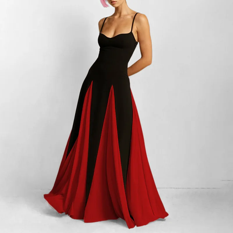 Fashion Contrast Color Pleated Hem Long Dress Elegant Sleeveless Backless High Waist Dresses 2025 New Lady Vocation