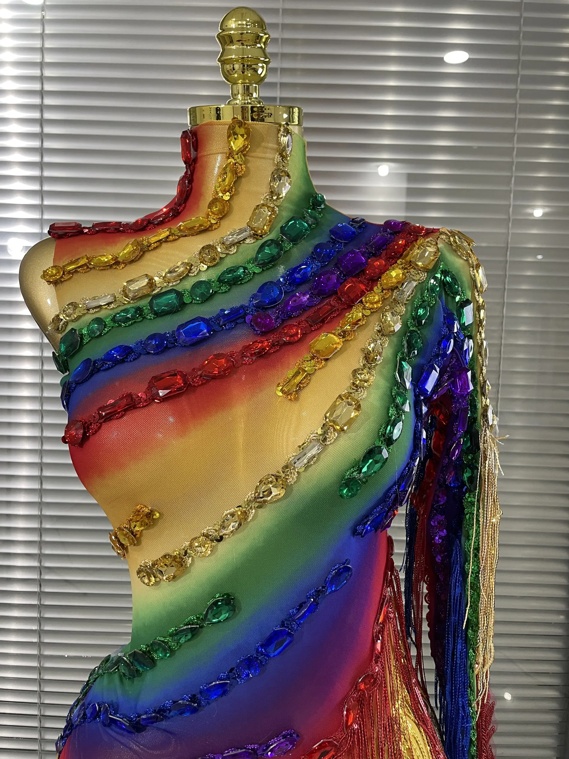 New Rainbow Women Sexy One Shoulder Mesh See Through Tassles Bodycon Mini Dress Birthday Fashion Bar Singer Performance Stage