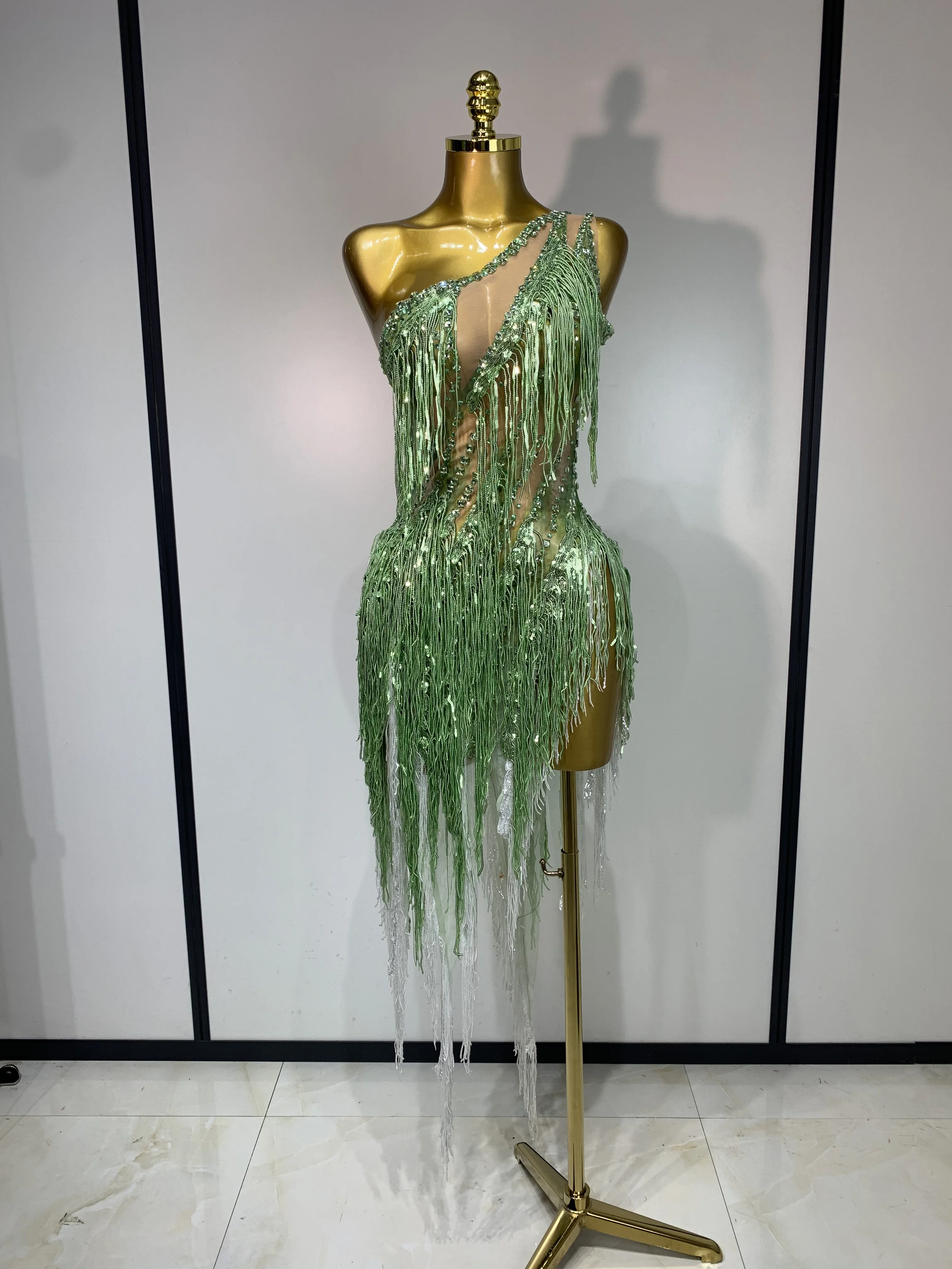 Sparkly Diamond Tassels Sexy Mesh See Through Bodycon Dress Women Nightclub Bar Evening Party Gogo Dancer Singer Stage Costume